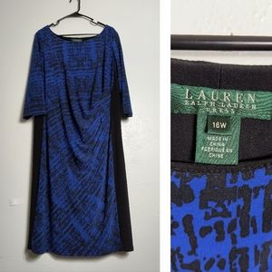 Lauren Ralph Lauren Sheath Dress Side Ruched 3/4 Sleeve 16W Blue/Black